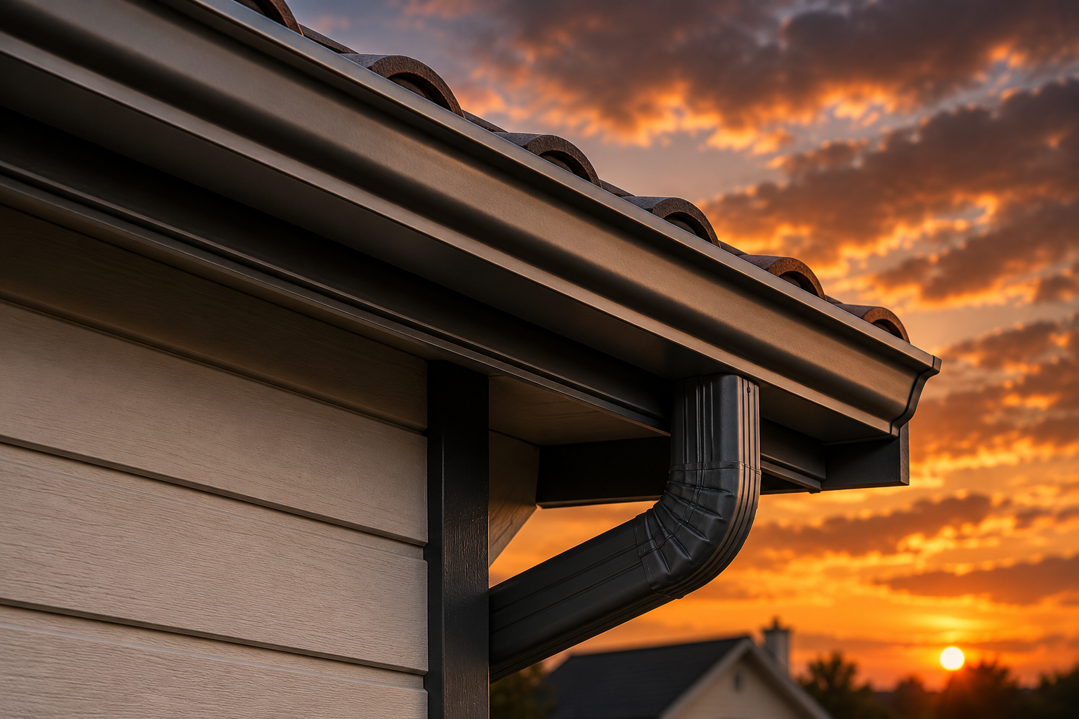 House roof gutter at sunset with orange clouds and a warm sky
