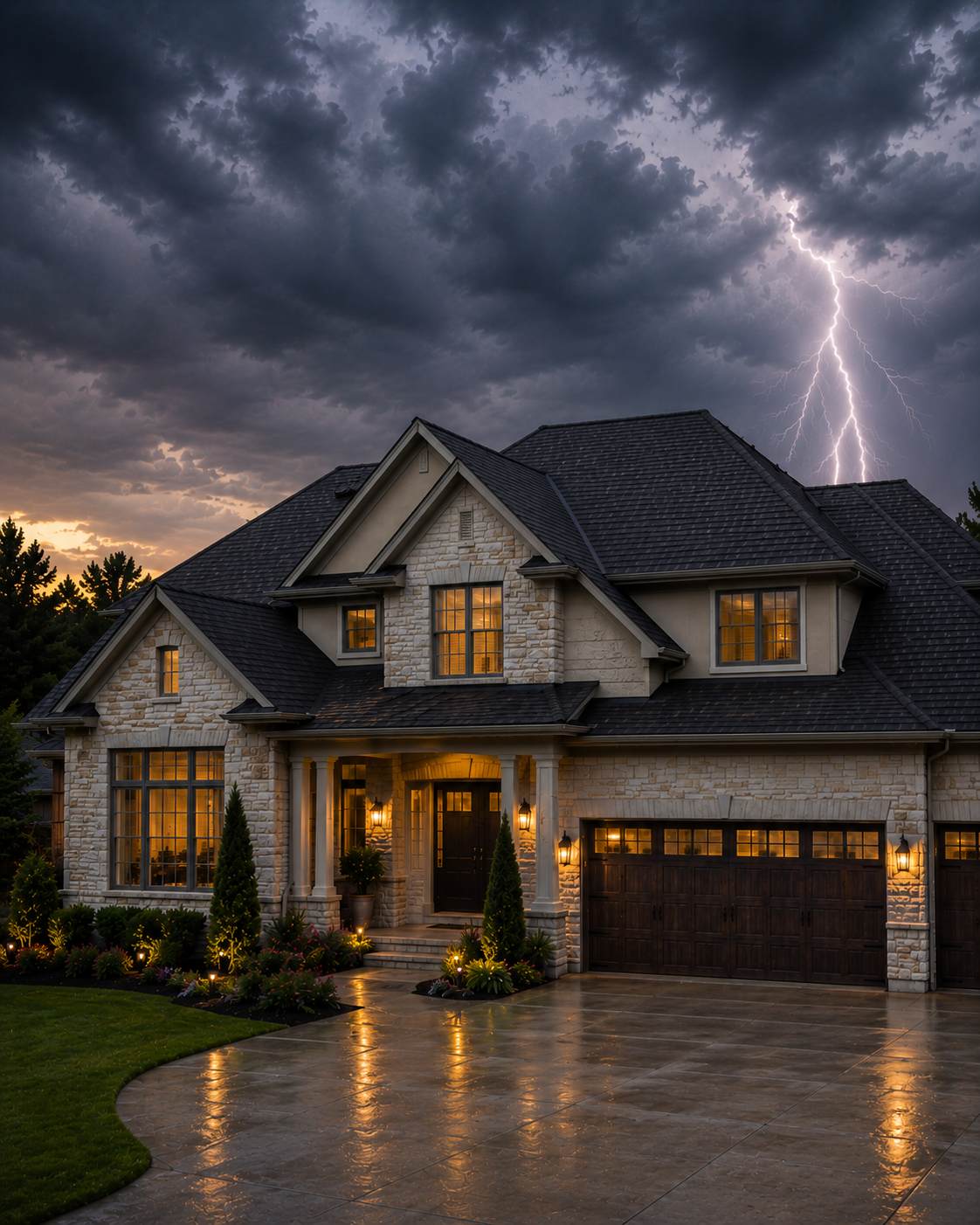 Luxury stone house at dusk beneath dark storm clouds, with a lightning strike over the wet driveway