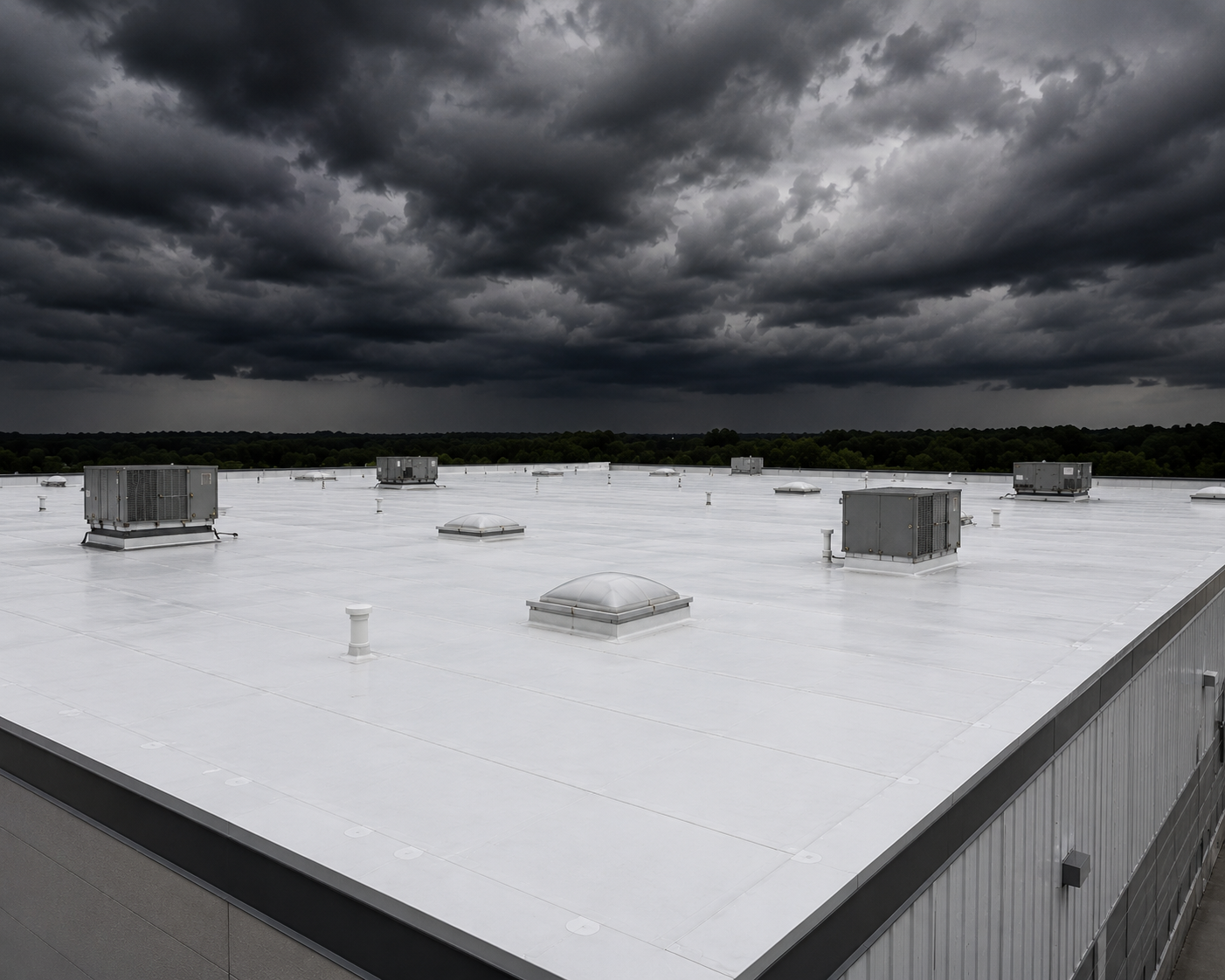 Flat white rooftop with HVAC units under dark storm clouds over a distant tree line