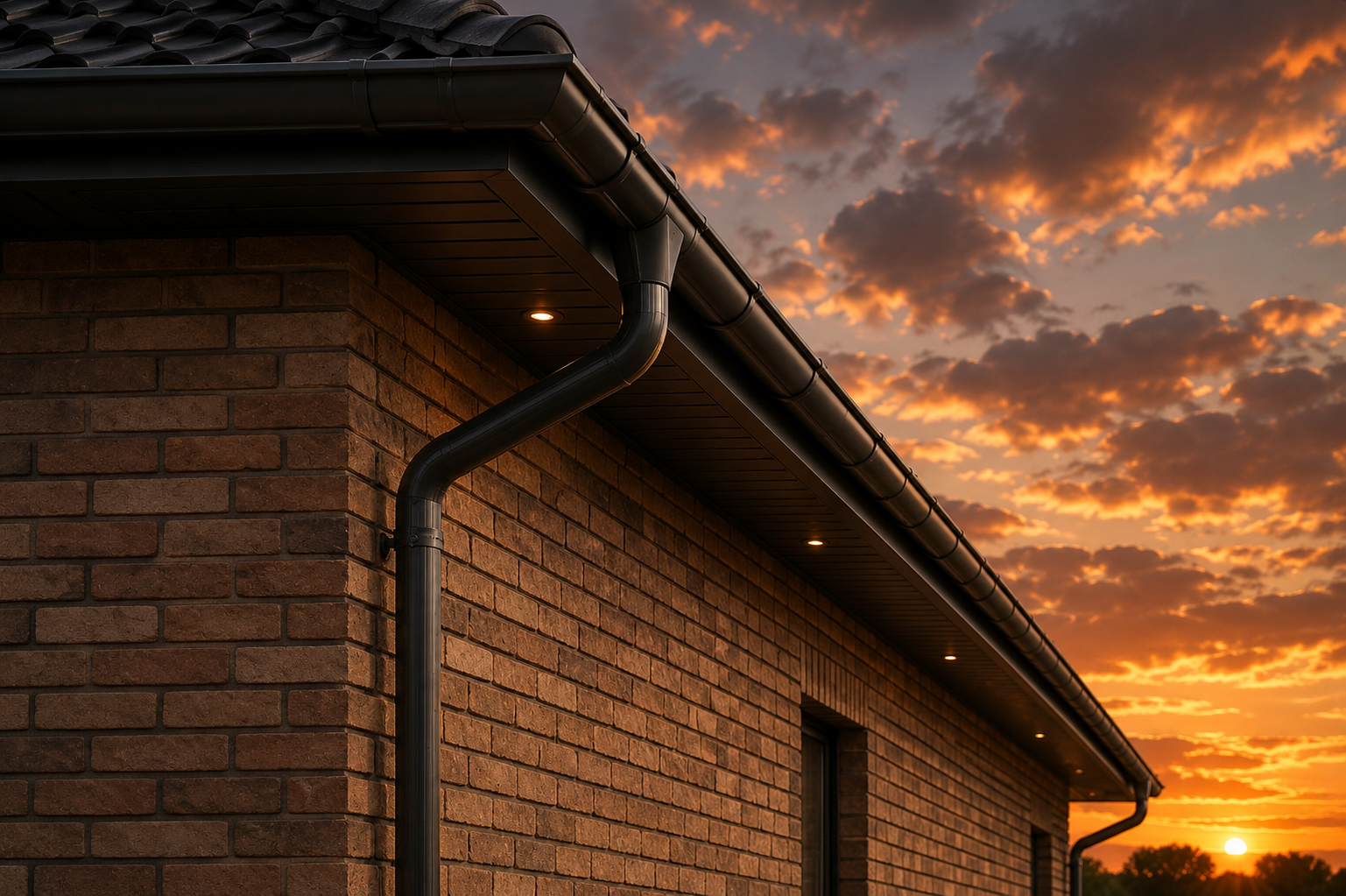 Brick house roofline at sunset with dark gutters and orange clouds in the sky