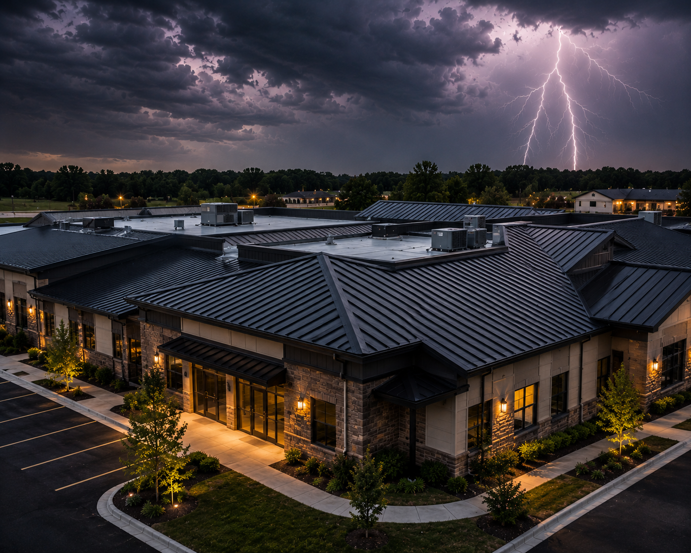Stormy dusk over a lit apartment complex, with lightning striking in the distance.