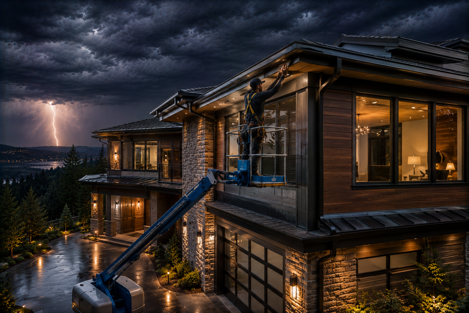 Dimly lit brick house at dusk with warm glowing windows and steep dark roof lines