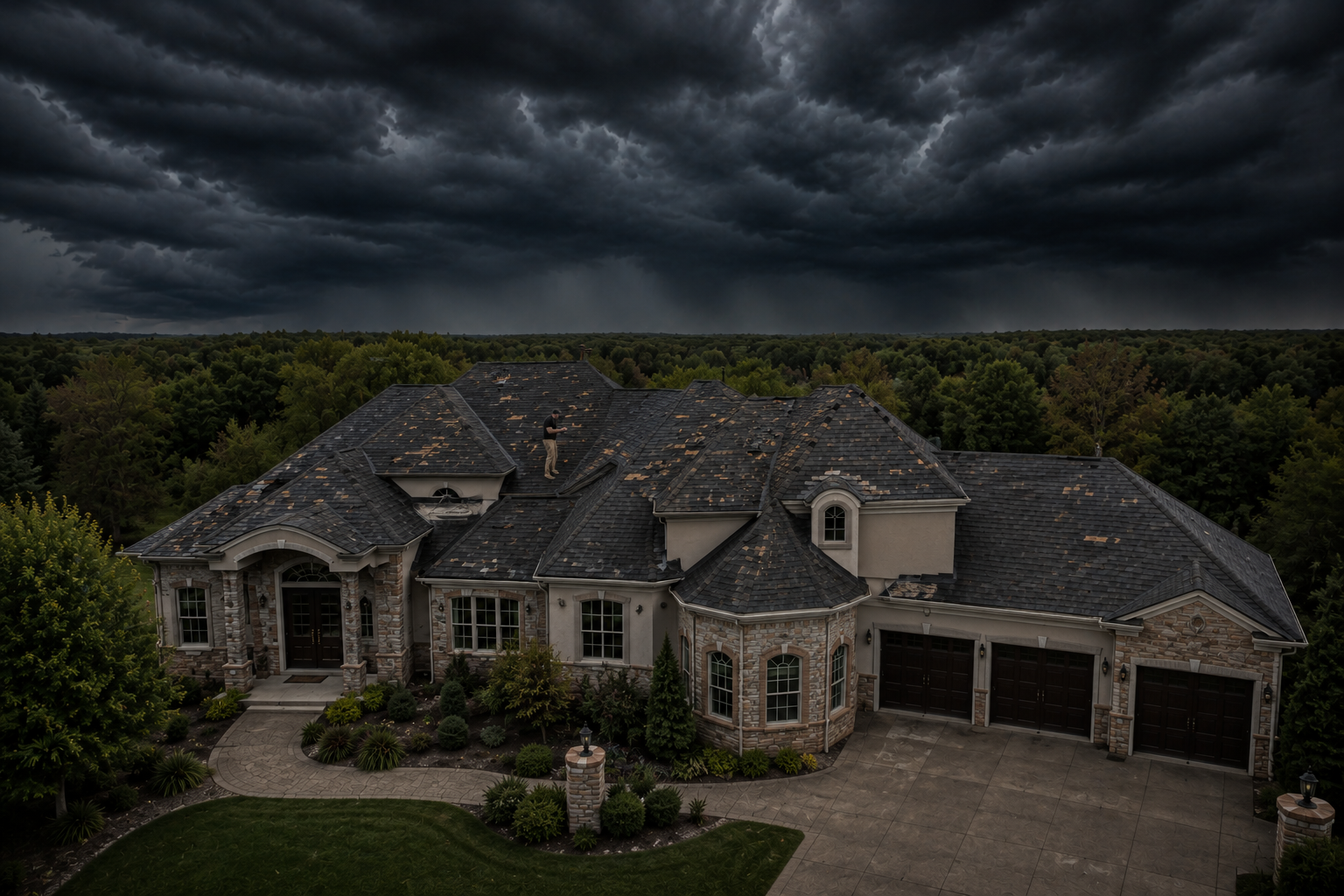 Dark brick house with lit windows and lanterns under a cloudy evening sky