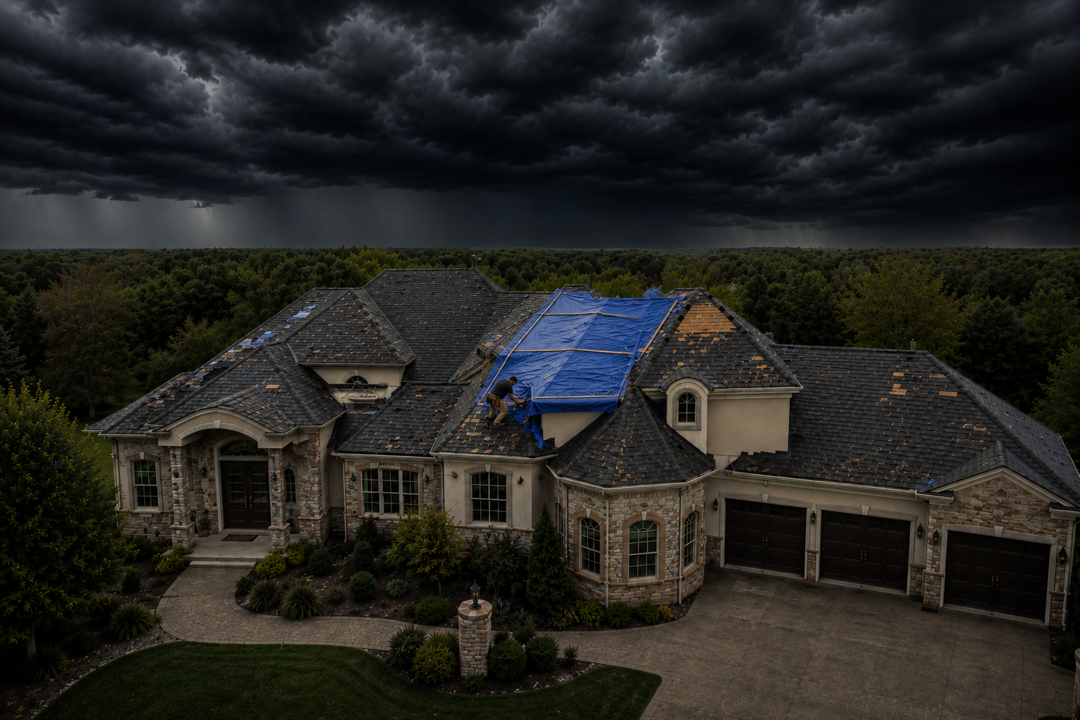 Dark brick house with lit windows and lanterns under a cloudy evening sky