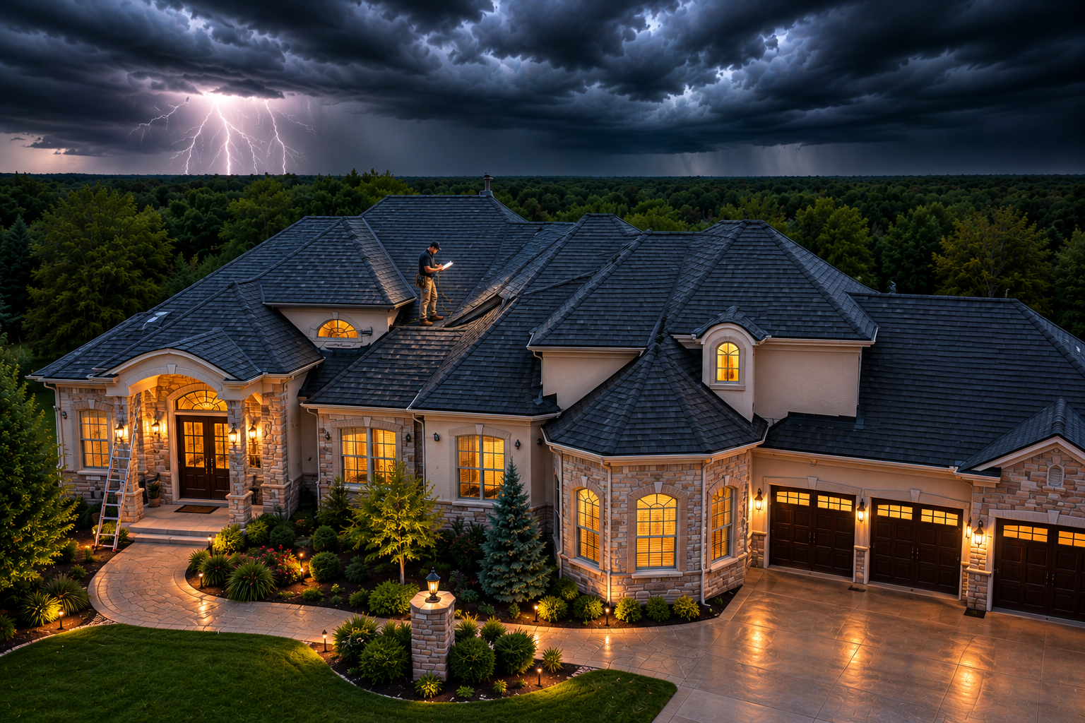 Dark brick house with lit windows and lanterns at dusk