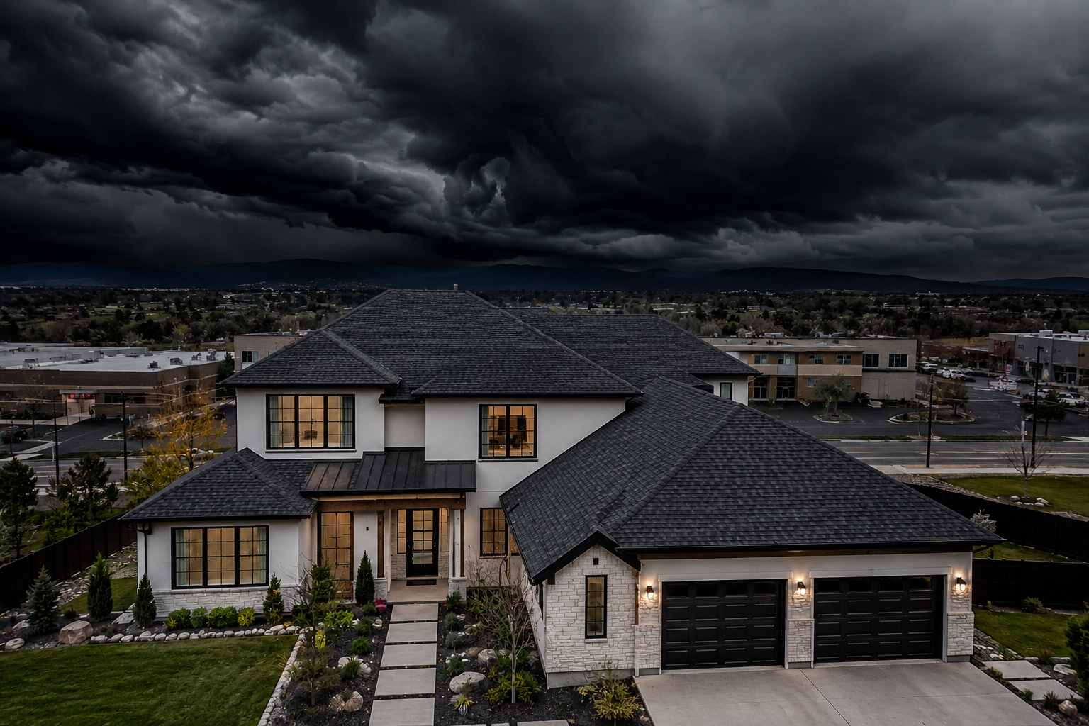 Dark brick house with lit windows and lanterns under a cloudy evening sky