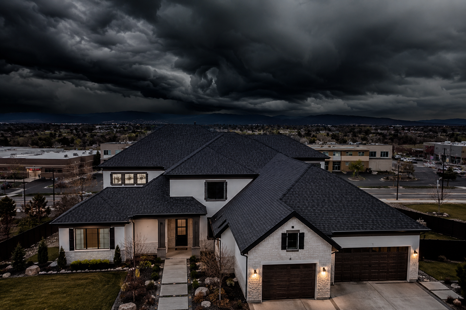 Dark brick house with lit windows and lanterns under a cloudy evening sky