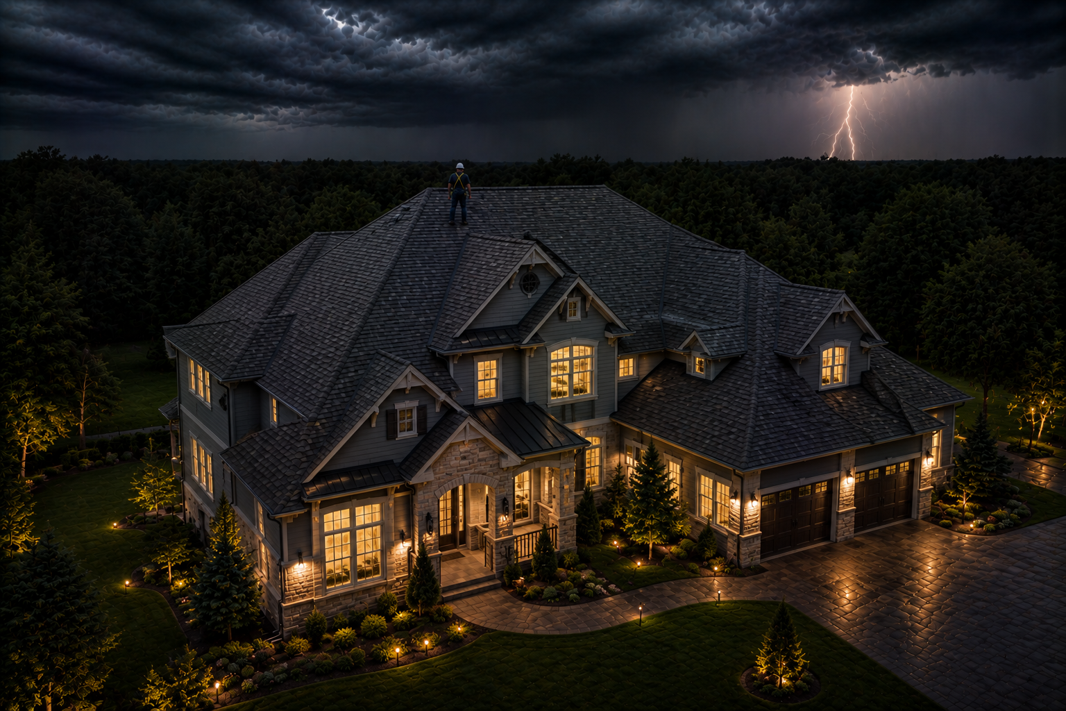 Dimly lit brick house at dusk with warm glowing windows and steep dark roof lines