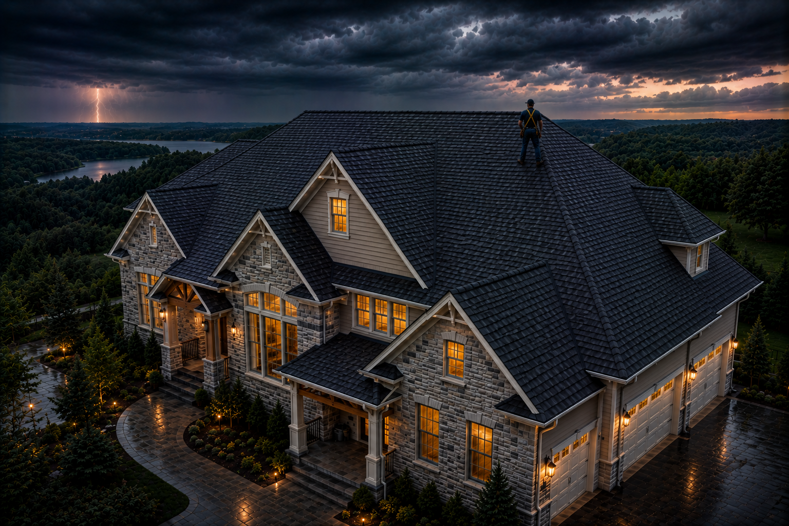Dimly lit brick house with glowing windows and steep dark roof at dusk