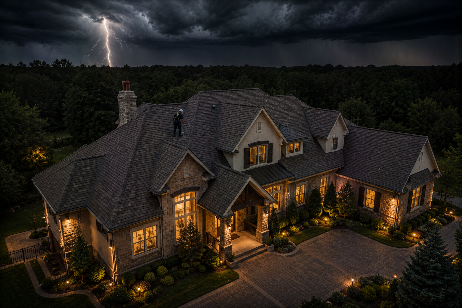 Dimly lit brick house at dusk with warm glowing windows and steep dark roof lines