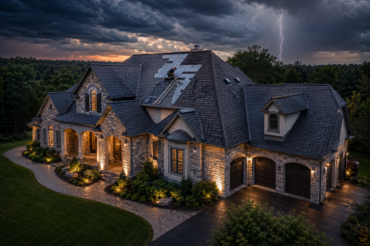 Dimly lit brick house with glowing windows and steep dark roof at dusk