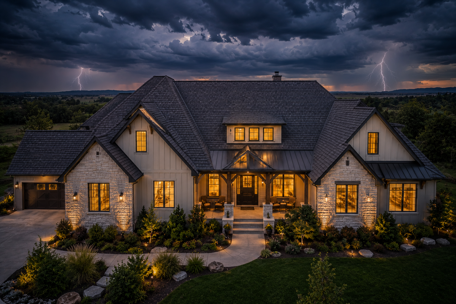 Dimly lit brick house with glowing windows and steep dark roof at dusk