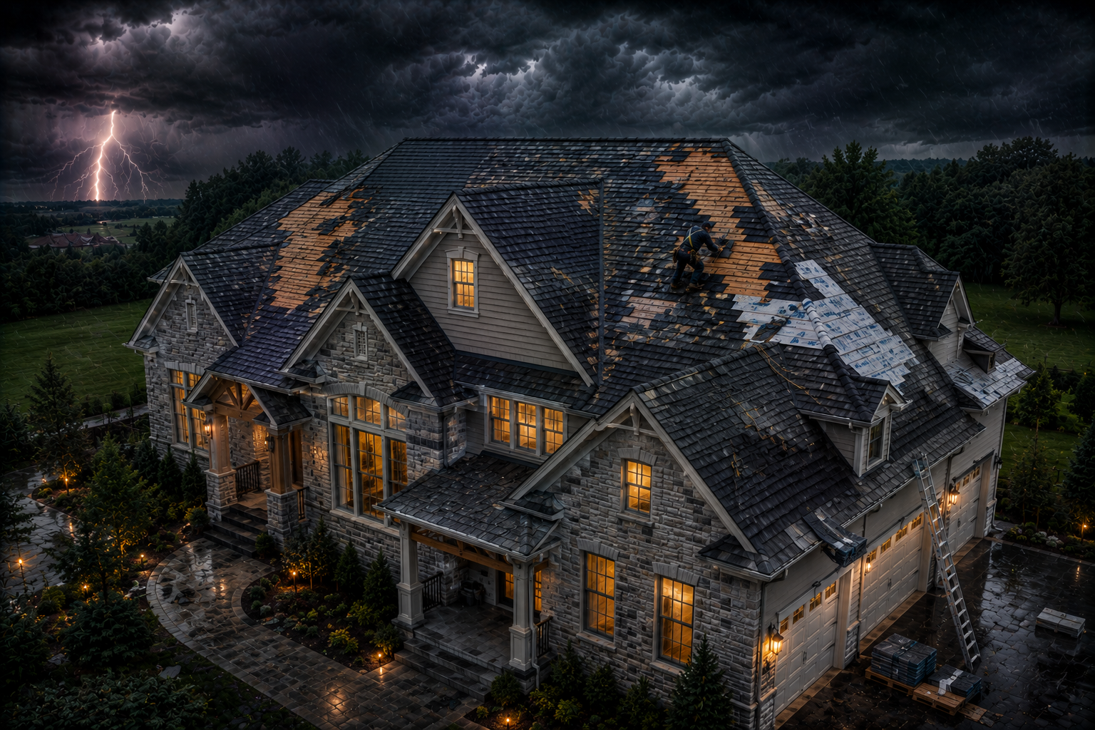 Dimly lit brick house with glowing windows and steep dark roof at dusk