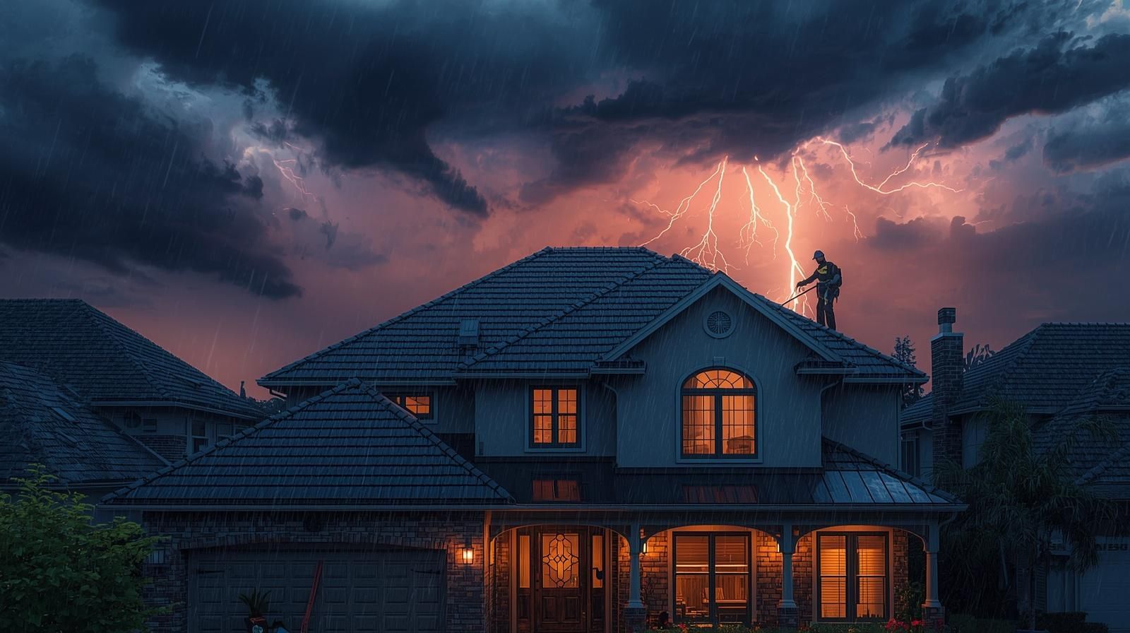 Thunderstorm over a dark suburban house, with lightning illuminating storm clouds at dusk.