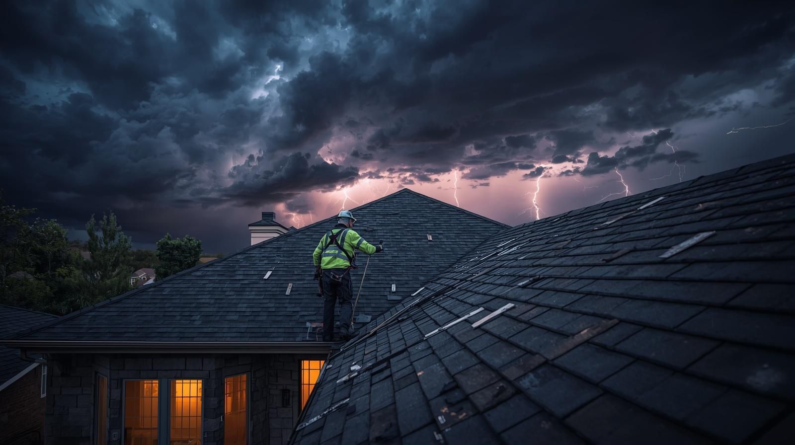 Worker on a shingled roof during a stormy dusk, with dark clouds and lightning in the sky.