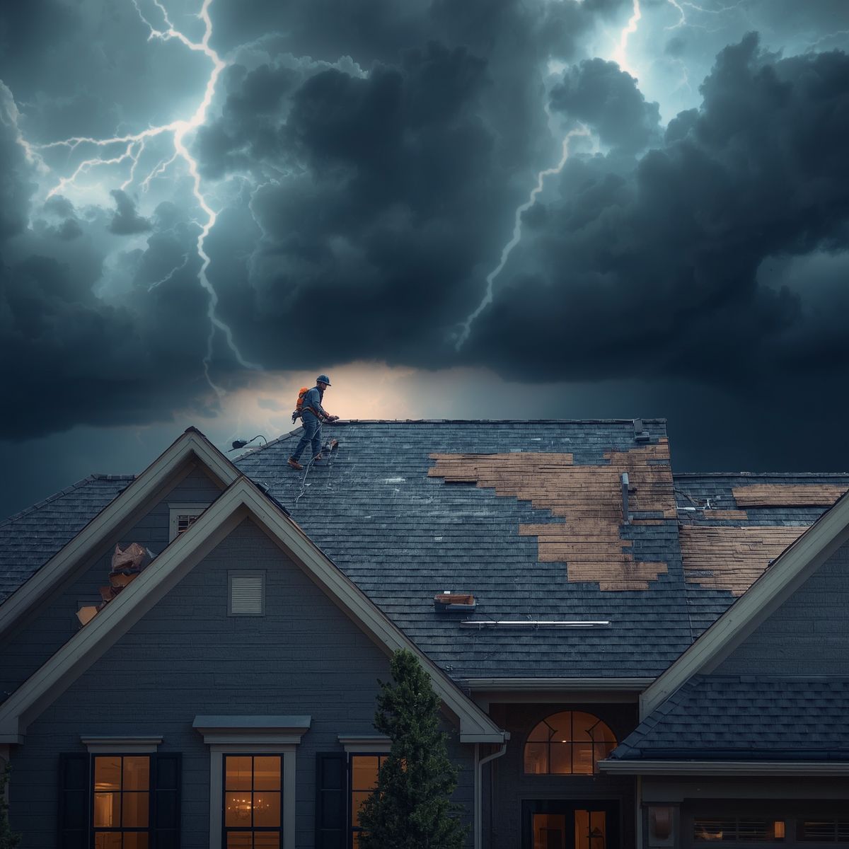 Lightning storm over a house roof, with a worker on the shingles and damaged roofing visible.