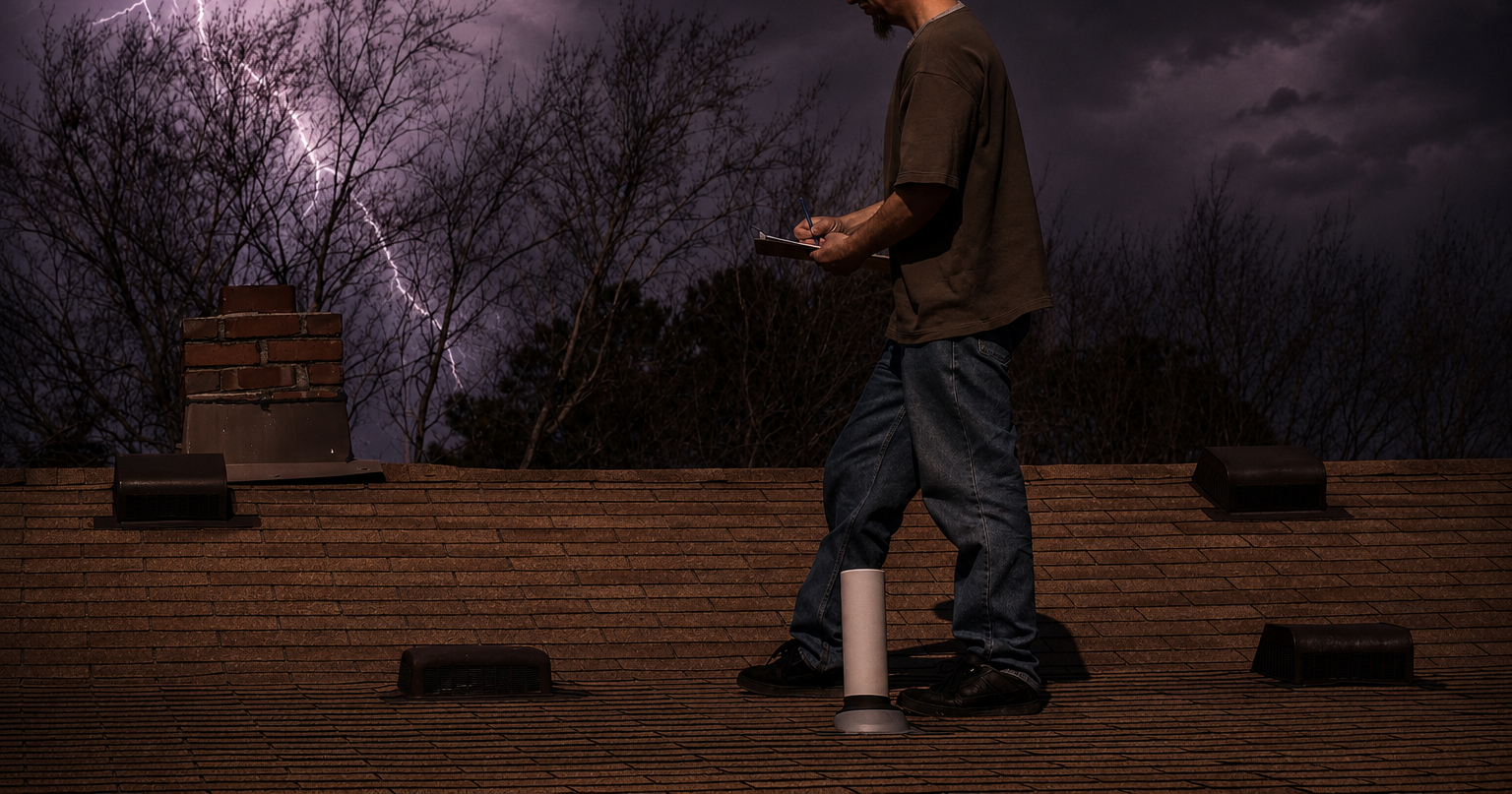 Person walking on a rooftop at dusk beneath a dark, cloudy sky with bare trees in the background