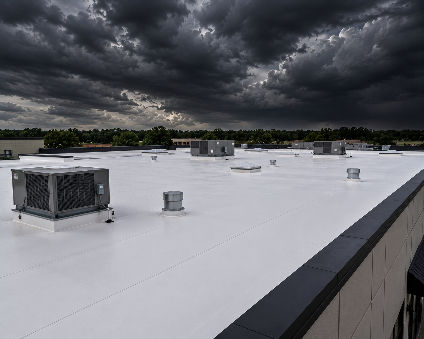 White flat rooftop with vents under dark storm clouds over a tree-lined horizon