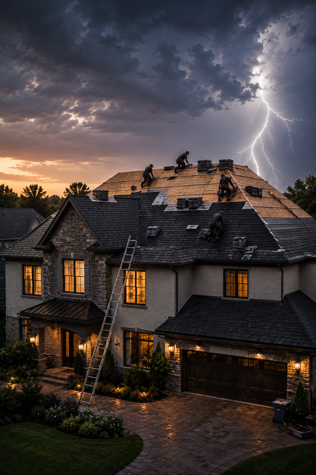 Stormy evening over a suburban house with a lightning strike and warm lights glowing inside
