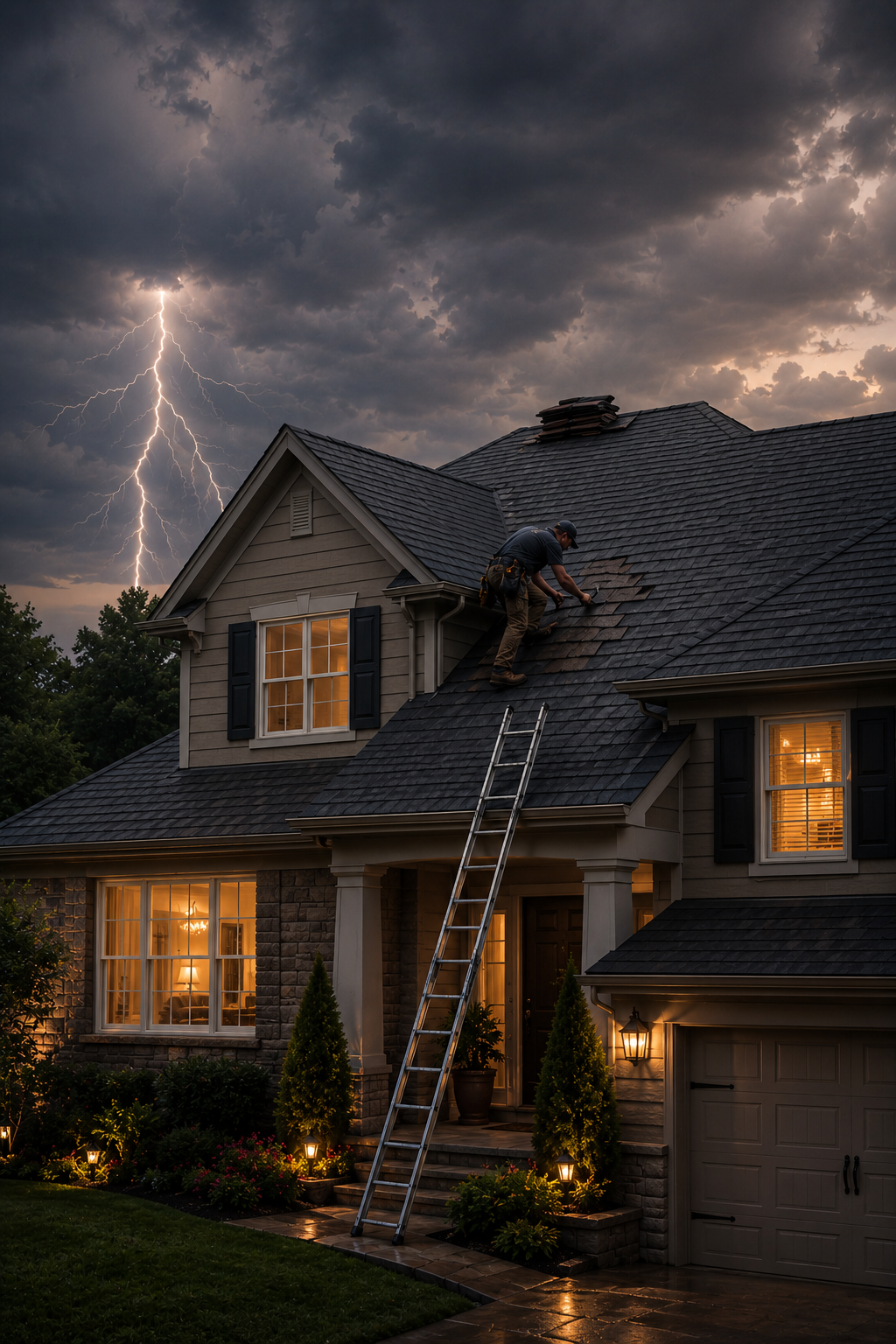 Lightning strikes behind a two-story house at dusk, with a ladder leaning against the roof.