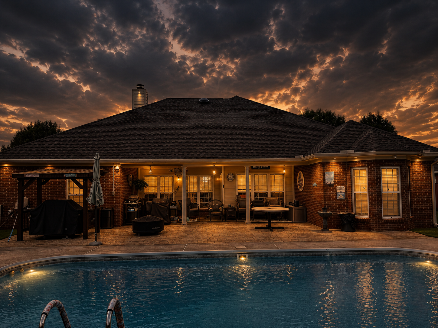 Backyard patio with lit house at dusk and a swimming pool in the foreground