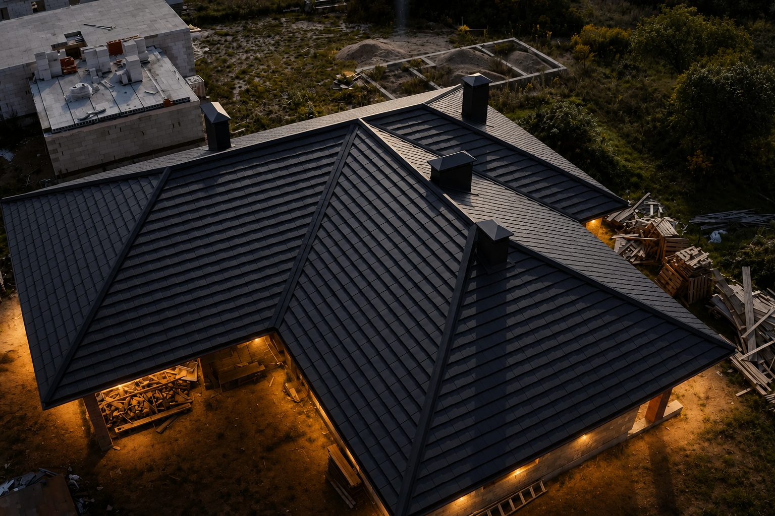Aerial view of a dark gray house roof at dusk, with warm lights glowing around the exterior.