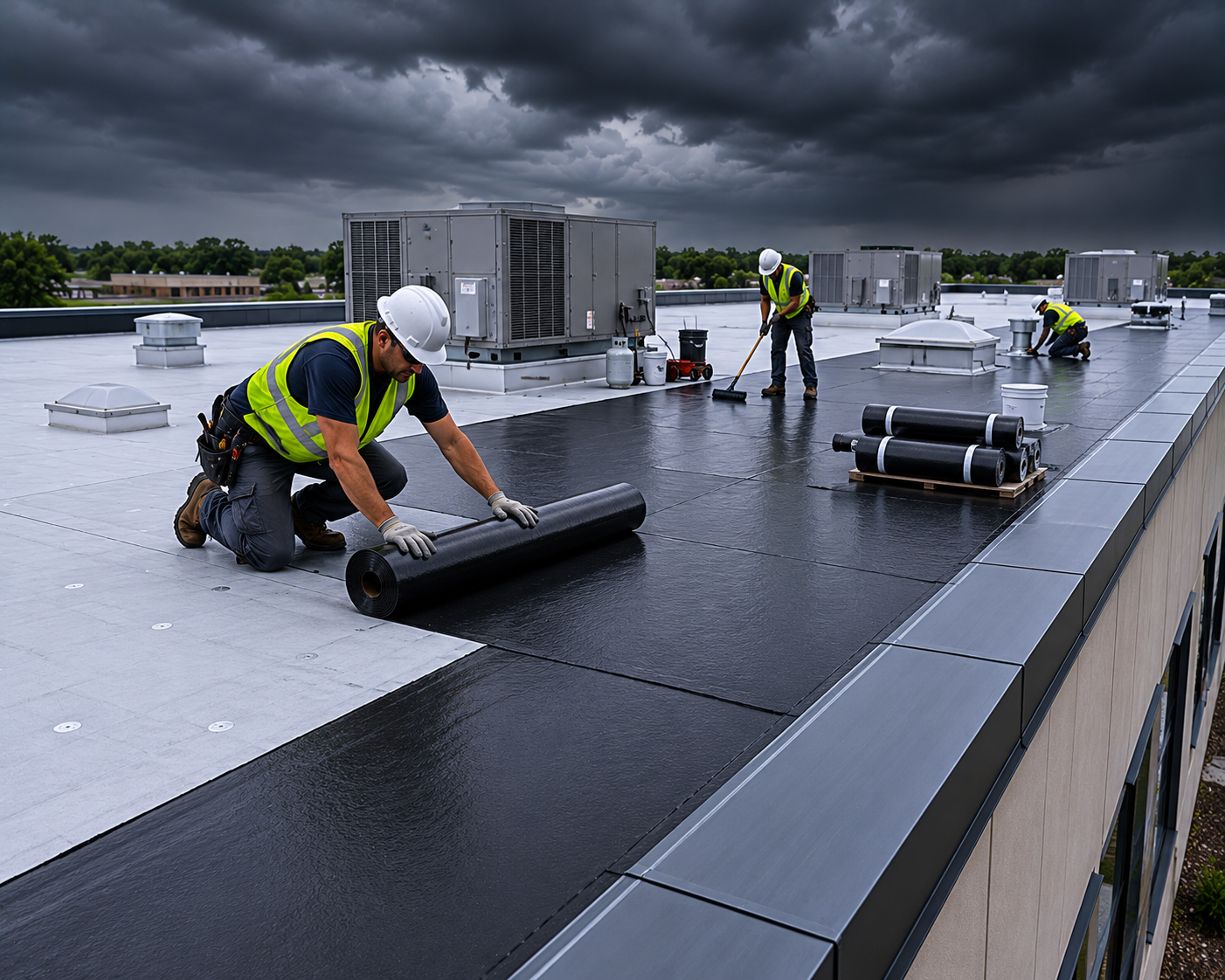 Workers installing black roofing membrane on a flat rooftop with HVAC units nearby