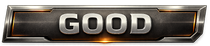 Metallic “GOOD” badge with silver text on a dark gray plaque with orange trim