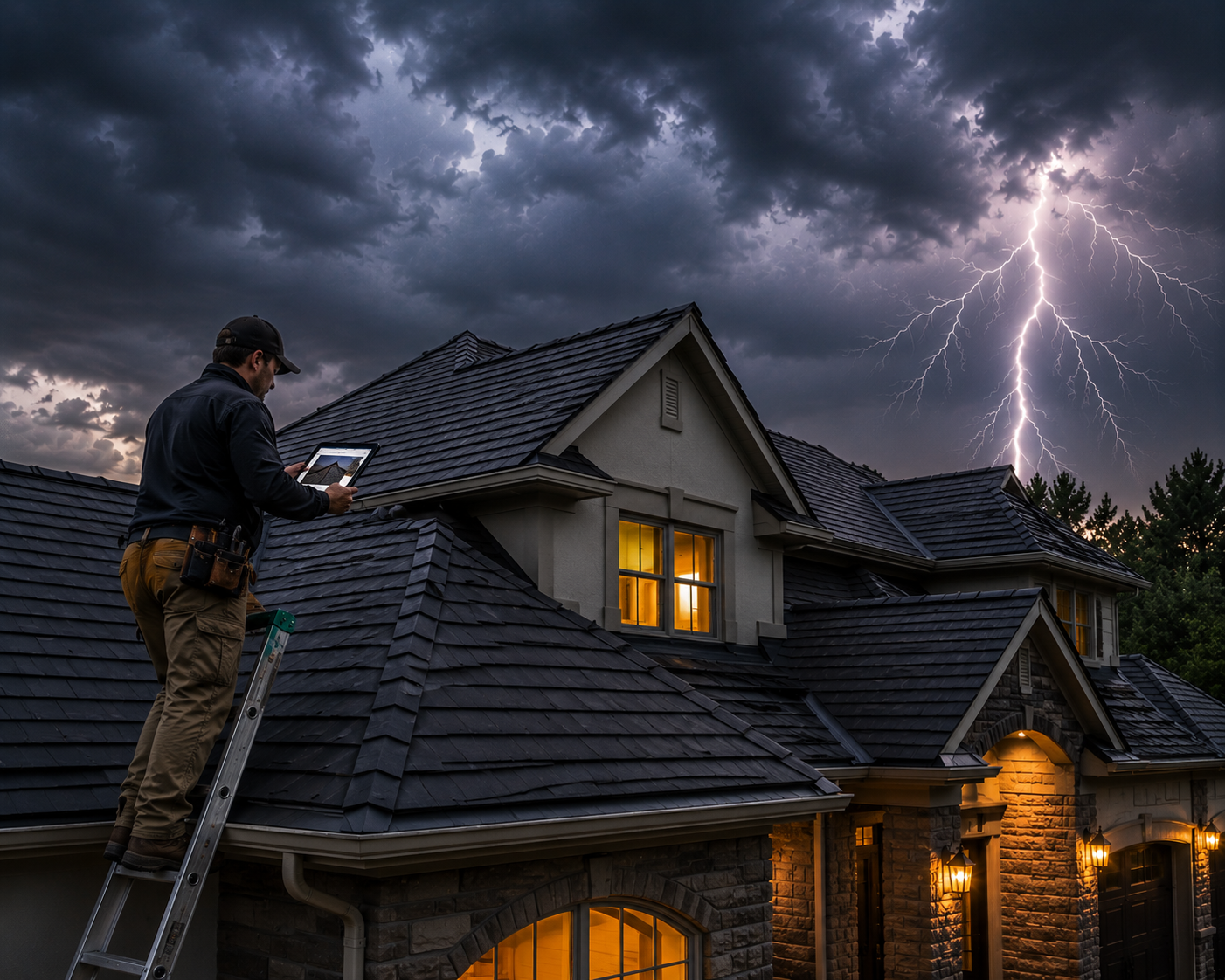 Worker on a rooftop during a lightning storm, inspecting shingles beneath dark storm clouds.