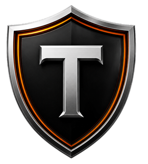 Black shield logo with a silver letter T and orange outline