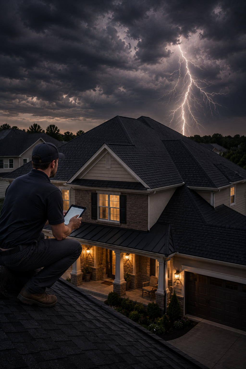 Person on a roof watching lightning strike over a suburban house at night
