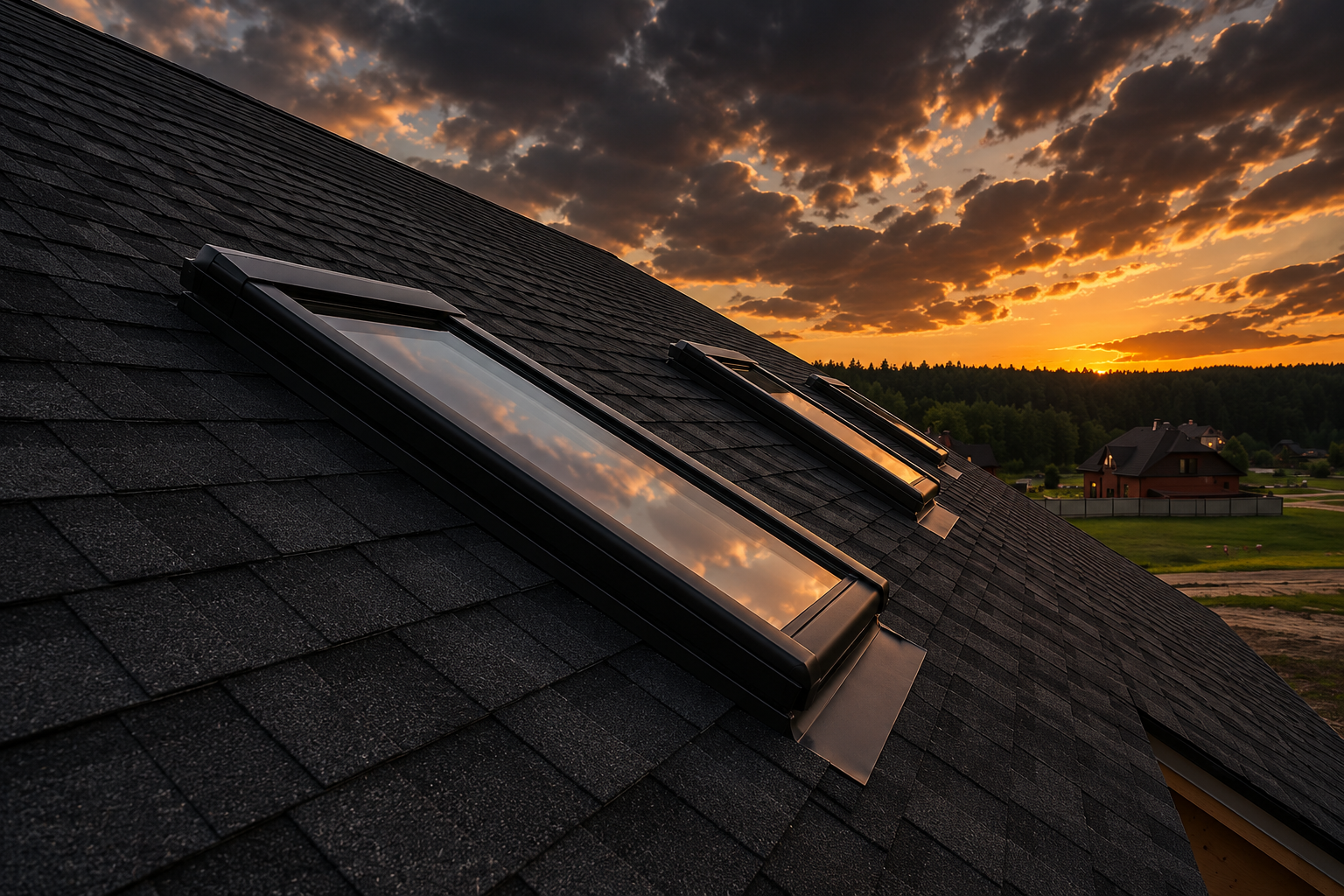 Skylight on a dark shingled roof at sunset, with orange clouds and a distant house in the background