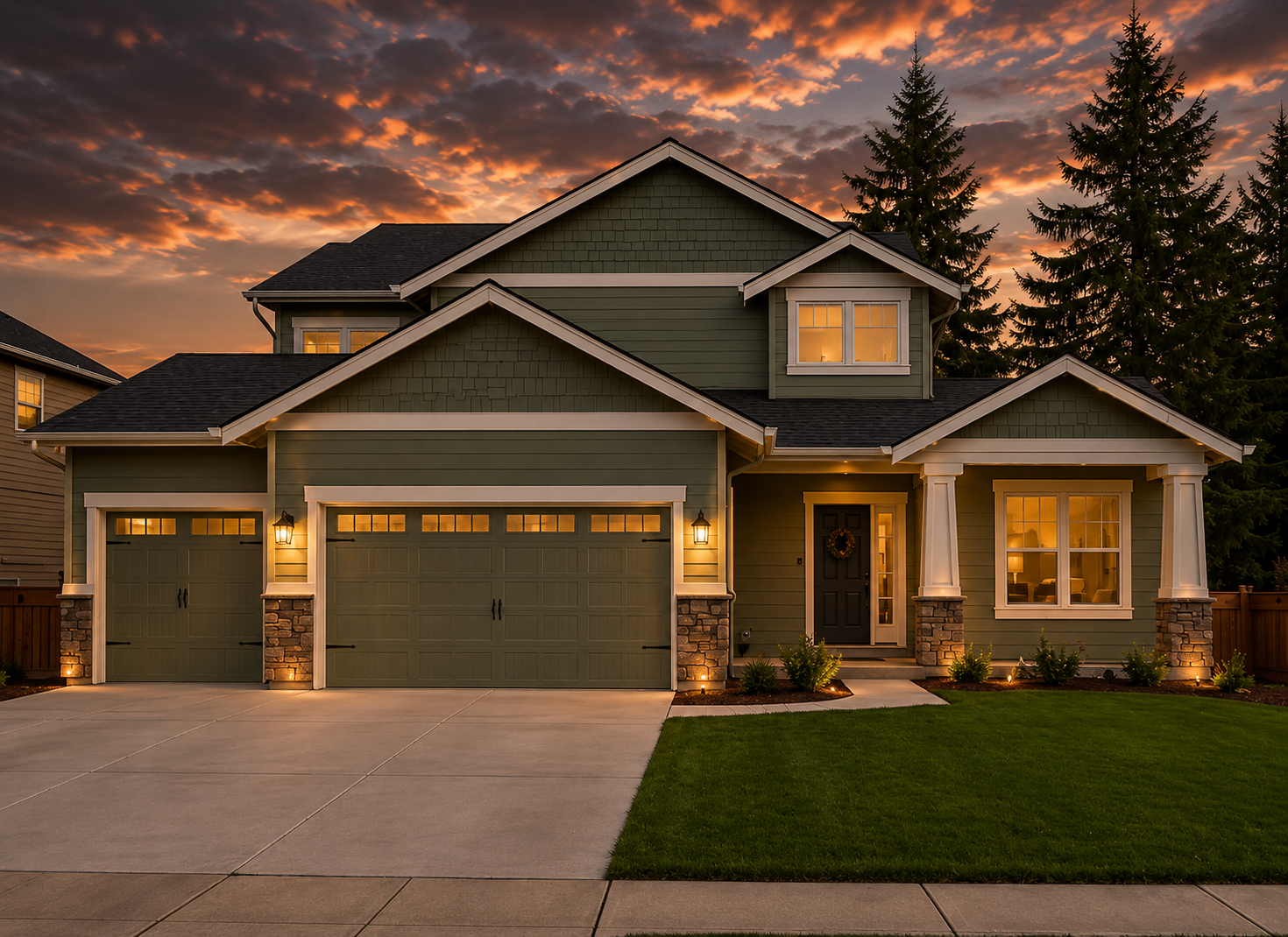 Suburban house with lit windows and garage at dusk under a dramatic sunset sky