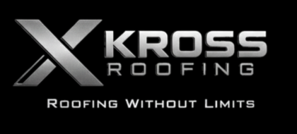 Kross Roofing logo with a metallic X and the slogan “Roofing Without Limits” on a black background