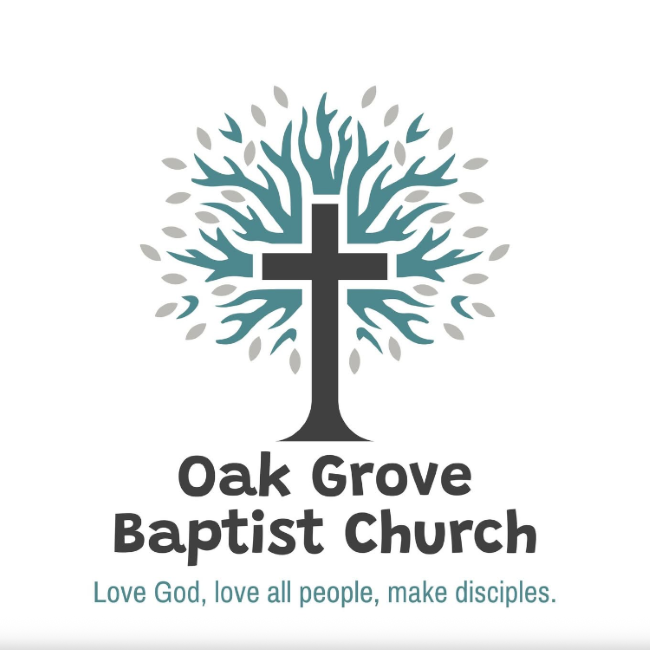 Logo for Oak Grove Baptist Church: A cross centered within a stylized blue and grey tree, with the church name and mission.