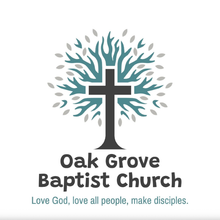 Logo for Oak Grove Baptist Church: A cross centered within a stylized blue and grey tree, with the church name and mission.