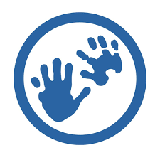 Blue icon of a larger handprint and a smaller handprint inside a circular border.