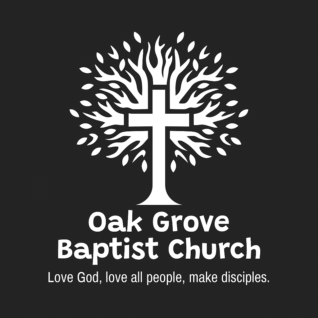 Logo for Oak Grove Baptist Church featuring a white cross set against a tree on a black background, with their motto below.