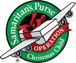 A green circular logo for Samaritan’s Purse Operation Christmas Child, featuring a white airplane carrying a gift box.