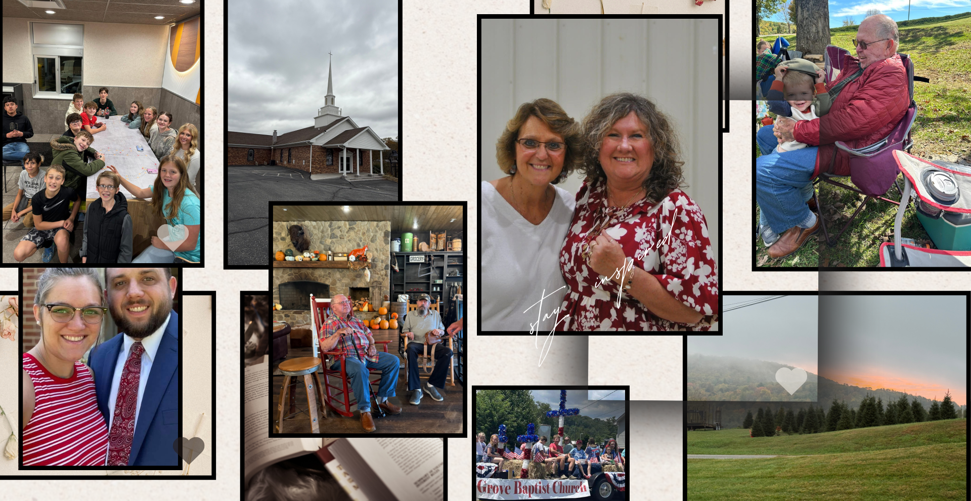 A collage of photos featuring gatherings, a church building, landscape views, and portraits of people smiling.