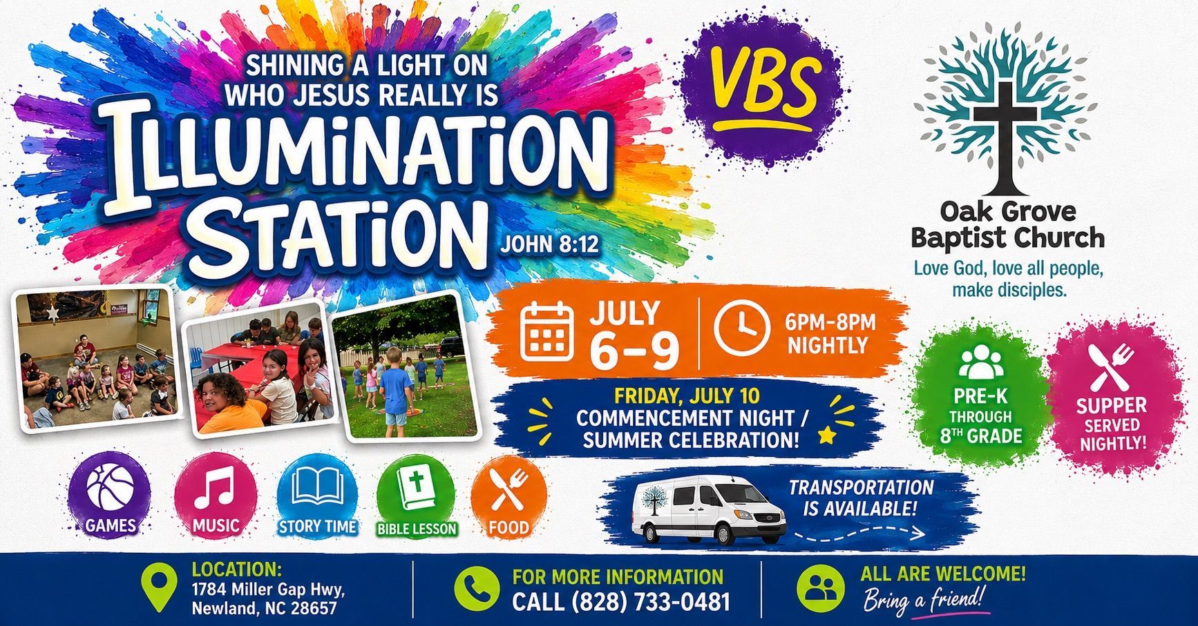 Vacation Bible School flyer for “Illumination Station” at Oak Grove Baptist Church, July 6–9, with bright neon graphics.