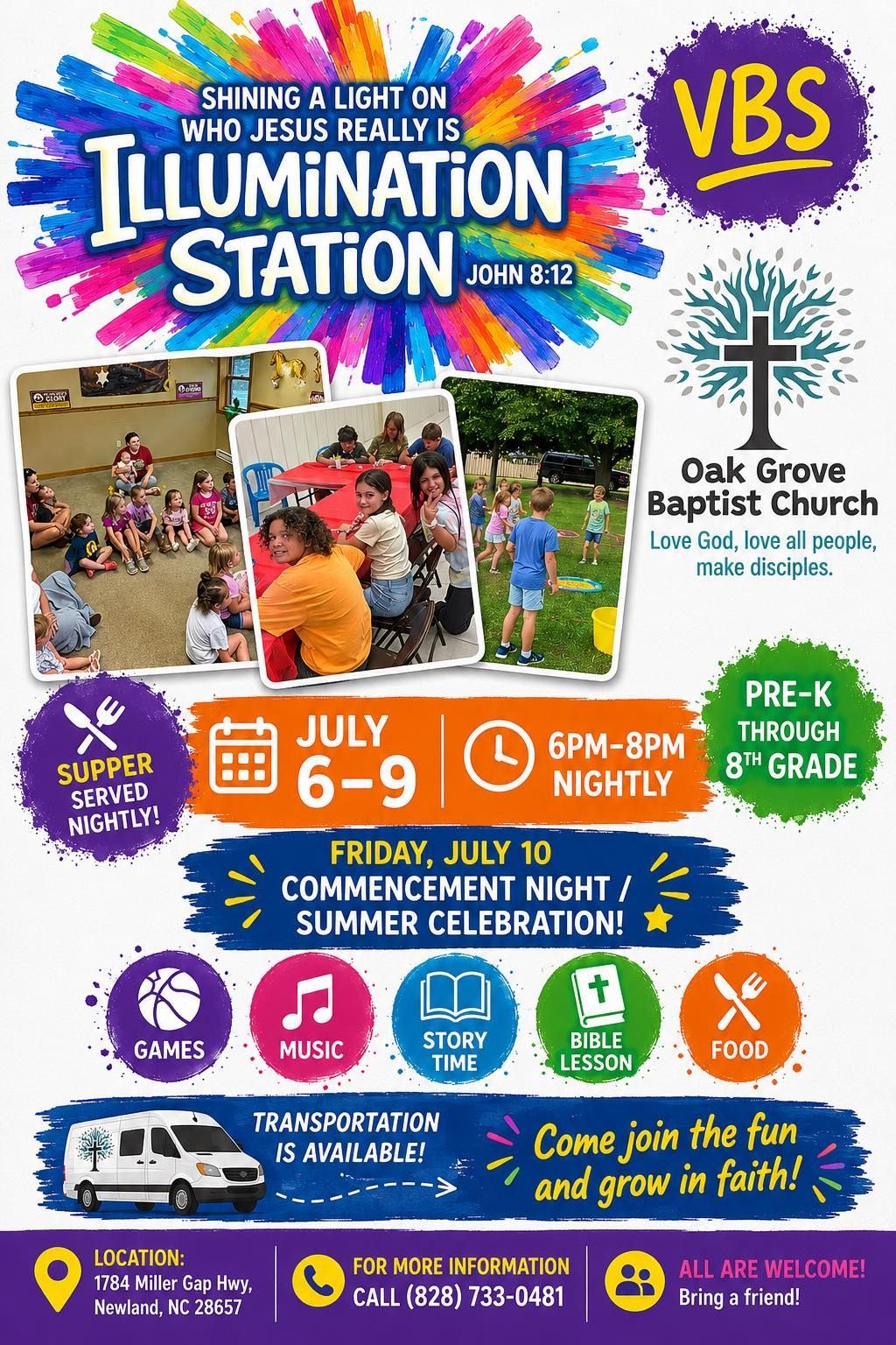 VBS Illumination Station flyer with children, July 6–9 at Oak Grove Baptist Church, 6–8 pm nightly.