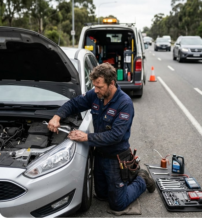 Roadside mechanic repairing car on highway.