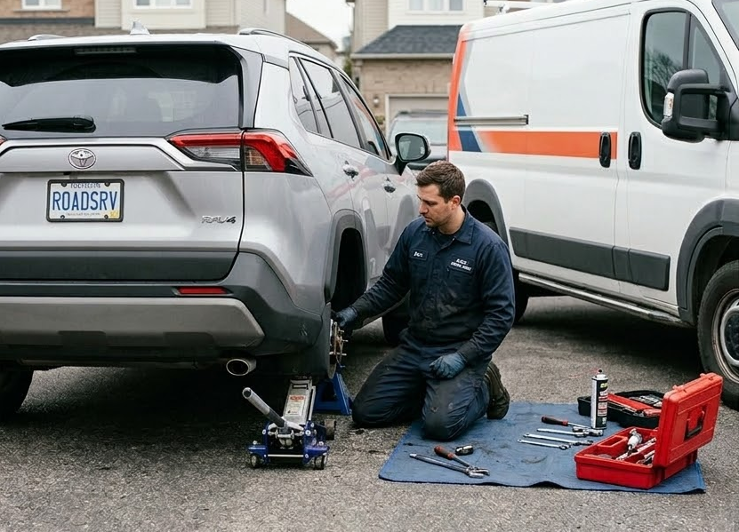 Mechanic changing a tire on a silver SUV.
