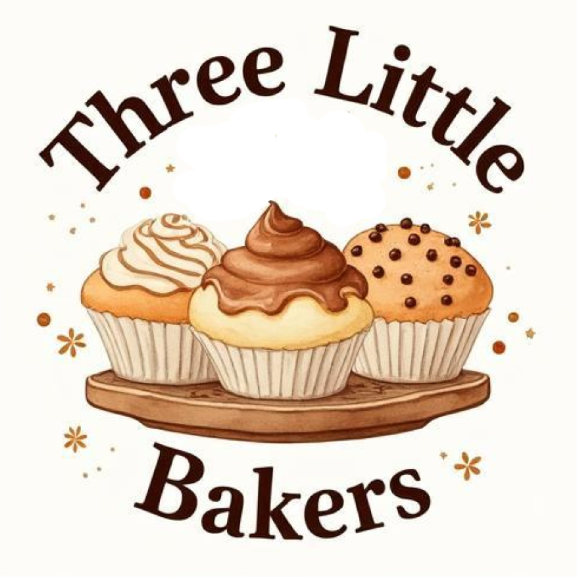 Three cupcakes on a tray with “Three Little Bakers” in brown text above and below
