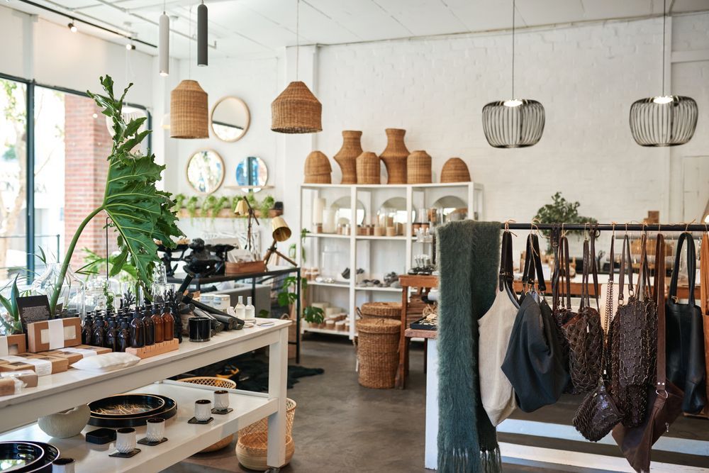Bright boutique interior with woven decor, plants, shelves, and clothing racks