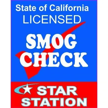 California licensed smog check STAR station sign in blue, white, and red