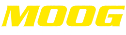 Yellow stylized “MOOG” logo on a white background