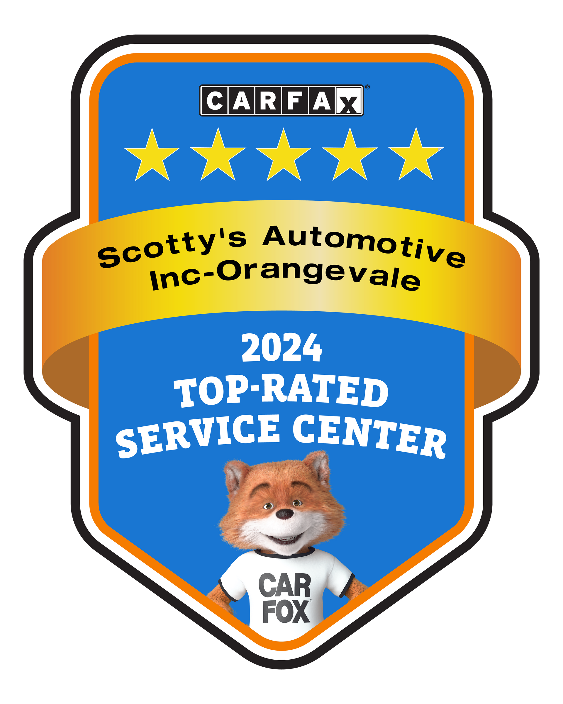 CARFAX badge for Scotty's Automotive in Orangevale, 2024 top-rated service center, with Car Fox mascot and stars