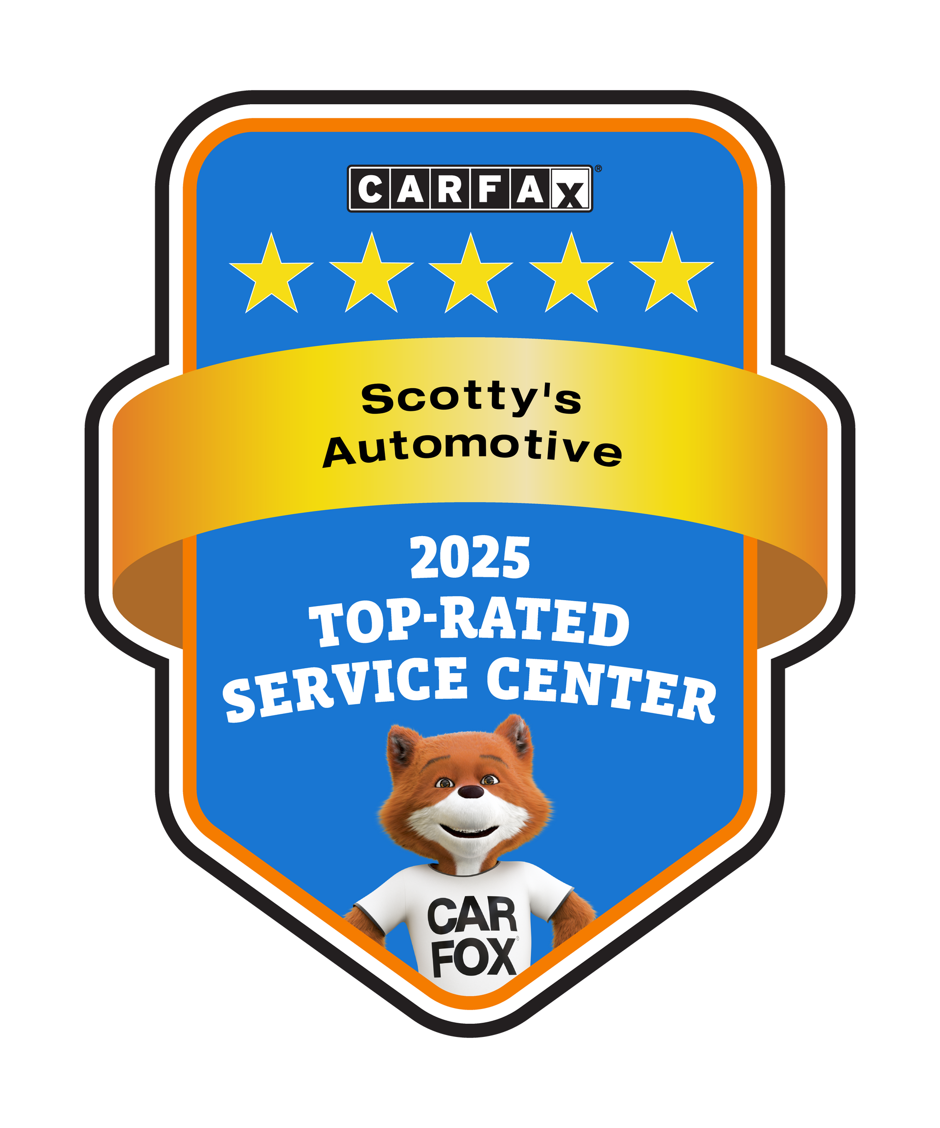 CARFAX 2025 Top-Rated Service Center badge for Scotty's Automotive with Car Fox mascot